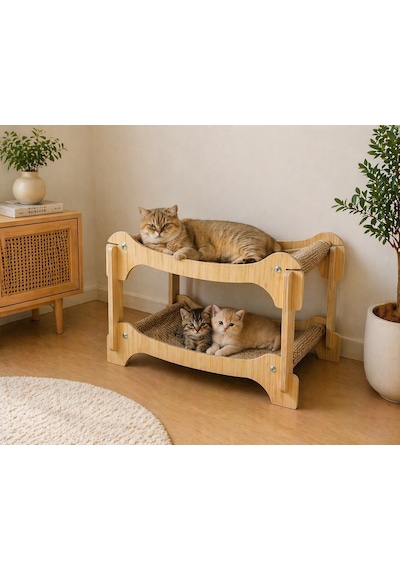 Pureza Ahşap İki Katlı Kedi Yatağı & Dinlenme Standı Hasır Yüzeyli Çift Katlı Tasarım