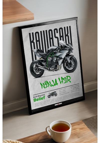 Kawasaki Ninja H2 R Siyah Ahşap Çerçeveli Poster, Dekoratif Motosiklet Duvar Tablosu