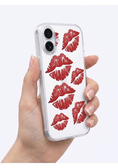 İphone 17 Kırmızı Dudak / Öpücük Desenli Şeffaf Telefon Kılıfı Mh-hs9135-0795