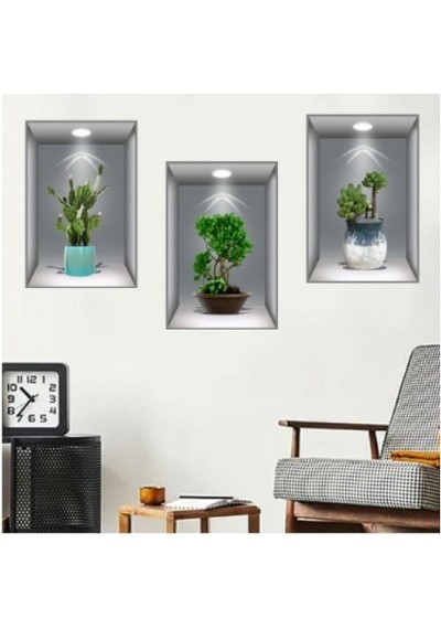 3d Çiçek Vazo 3 Lü Set Gri Fon Duvar Sticker Renkli
