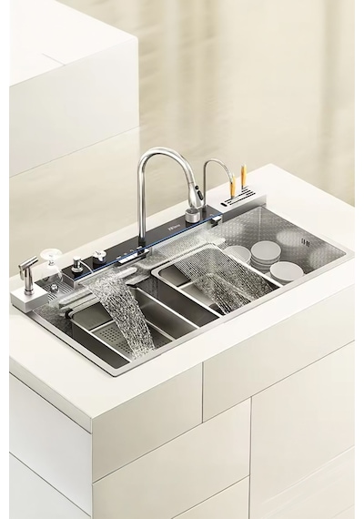 Lüx Dijital Akıllı Eviye Seti Premium Krom Akıllı Mutfak Evyesi- 100x46 Cm Çok Fonksiyonlu- Silver