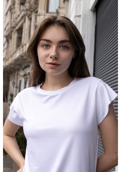 Kadın İpeksi Kumaş Geniş Sıfır Yaka Kısa Kol Tshirt Bluz-beyaz Beyaz