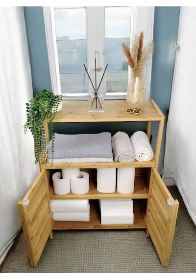 Bambu Çift Kapaklı 2 Raflı Çok Amaçlı Düzenleyici Organizer Banyo Dolabı Bambu