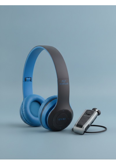Mavi Kulak Üstü Ve Gri Makaralı Kulak İçi Bluetooth Kulaklık Seti