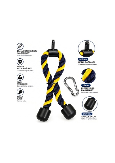70 Cm 28mm Sarı Lacivert Kalın Profesyonel Triceps Halatı - Rope Pushdown - Cable Egzersiz Aparatı