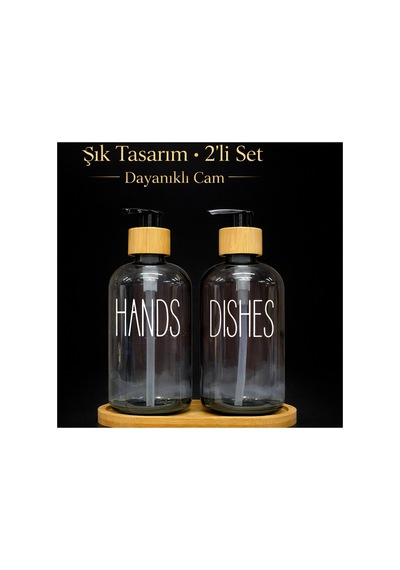 Buççin Online Mağaza 2 Li Cam Sıvı Sabunluk Seti Ahşap Standlı Mutfak&banyo İçin Şık Dispenser Hands & Dishes Cam Siya Çok Renkli