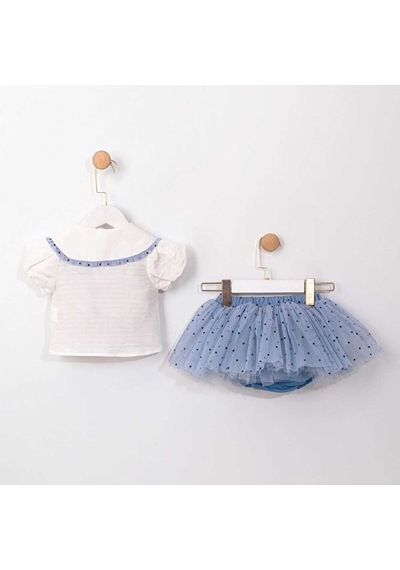 Ministok Eliza Yakası Nakışlı Şortlu Tütü Etekli Kız Bebek Takım Mavi