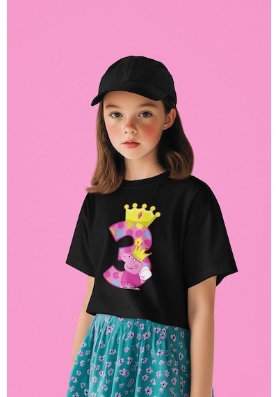 Sevbano Peppa Pig 3 Yaş Baskılı Unisex Çizgi Film Çocuk Tişört 1-12 Yaş Siyah