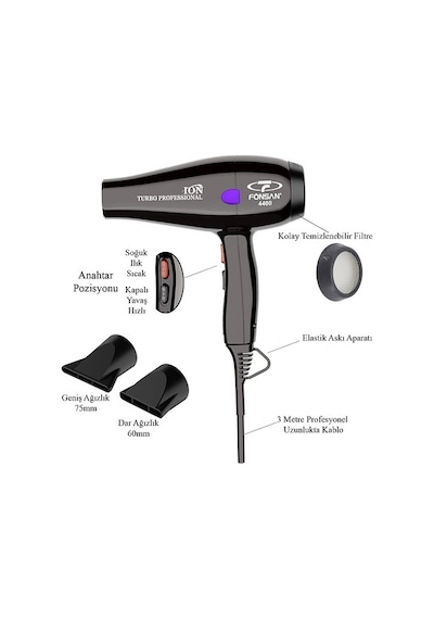 Fönsan PRF-4400 ION 2600 W Turbo Profesyonel Fön Makinesi Siyah