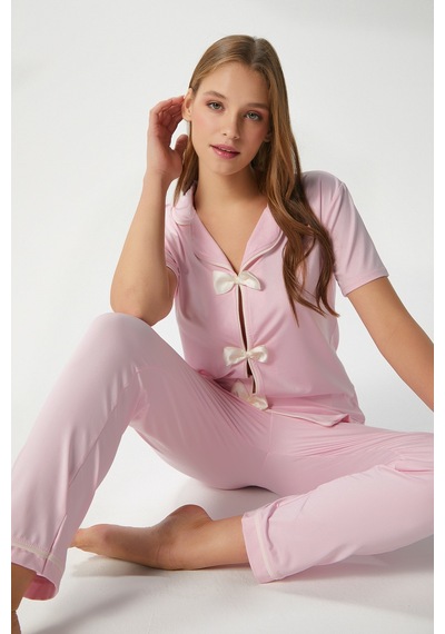 Ritnice Kadın Julia Pembe Fiyonklu Alt Üst Pijama Takımı Pembe