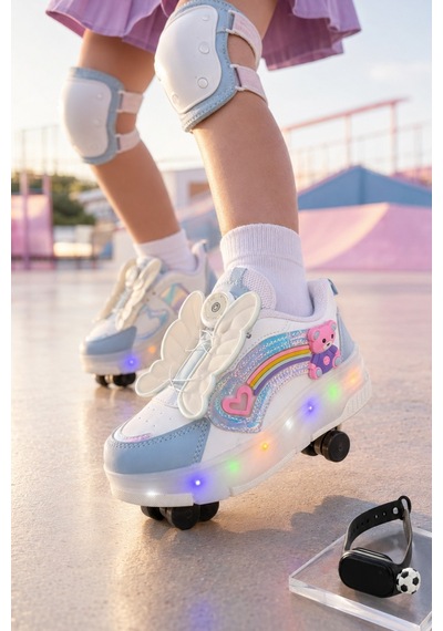 Muggo Colourful Çocuk Işıklı Patenli Tekerlekli Sneaker Spor Ayakkabı Bebe Mavi
