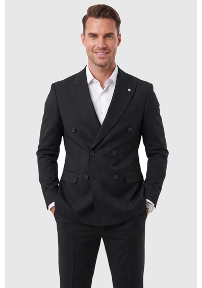 Deepsea Erkek Slim Fit Kruvaze Siyah Takım Elbise Likralı Spor Şık Business 2702414