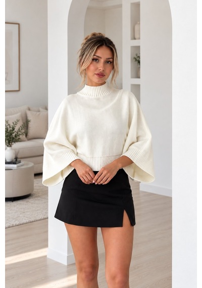 Lima Ekru Kadın Yarım Balıkçı Yaka Yarasa Kol Oversize Crop Triko Kazak