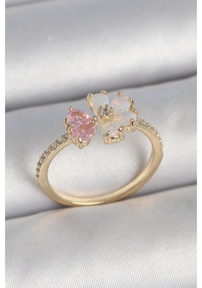 Pirinç Gold Renk Beyaz Mineli Pembe Zirkon Taşlı Çiçek Model Kadın Yüzük Altın