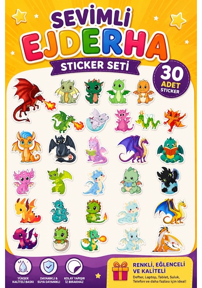 30 Adet Sevimli Ejderha Sticker Seti Çocuk Odası, Defter, Kırtasiye Ve Hediye Süsleme Çıkartmaları Çok Renkli
