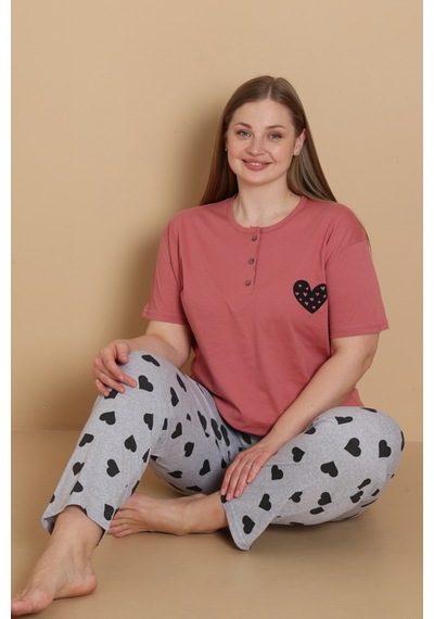 Wordex Mirano 4515 Kalpli Kısa Kollu Pamuklu Penye Büyük Beden Kadın Pijama Takımı Gül Kurusu Wordex Mirano 4515 Kalpli Kısa Kollu Pamuklu Penye Büyük Beden Kadın Pijama Takımı Gül Kurusu