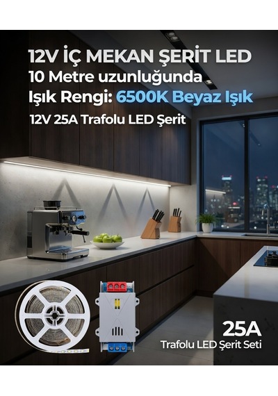 10 Metre 12v 6500k Beyaz Işık Şerit Led + 12v 25a Slim Led Trafosu Hazır Set 10 Metre Gün Işığı