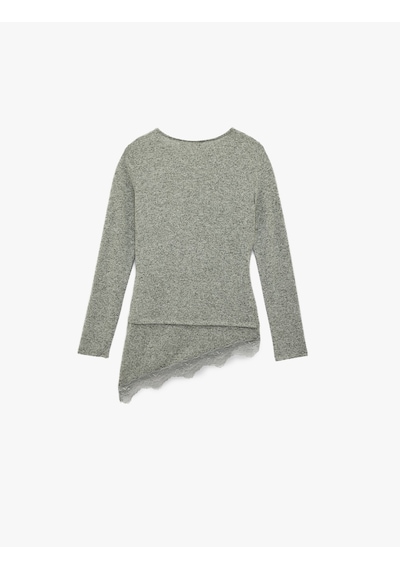 Koton Slim Fit Uzun Kollu Viskon Karışımlı Dantel Detaylı Asimetrik Tişört Gri 6sal10387ık Gri