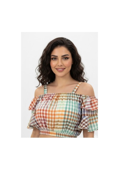 Polologin Butik Kadın Çok Renkli Ekose Desenli, Volanlı Crop Bluz Turuncu