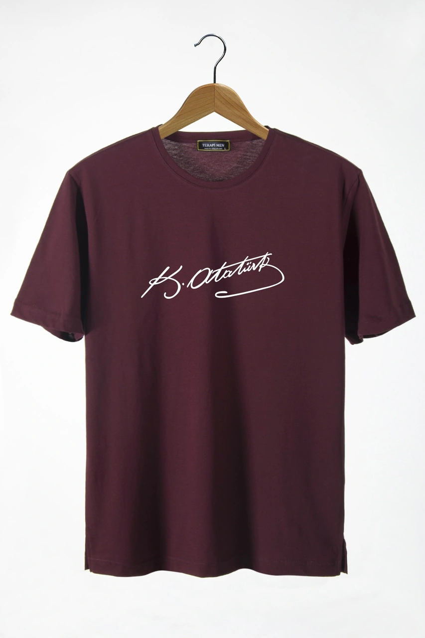 Veaven Unisex Bordo Önü Atatürk Imza Baskılı Bisiklet Yaka Oversize Pamuklu T-shirt Bordo