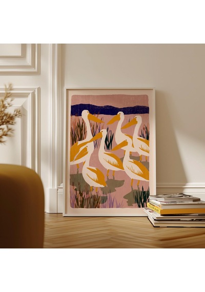 Pelikan Sürüsü Sanat Baskısı Kıyı Kuşu Duvar Dekoru Pembe Bataklık Manzarası Posteri