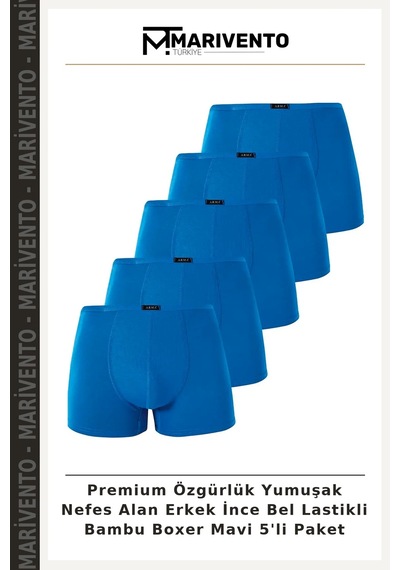 Marivento Premium Özgürlük Yumuşak Nefes Alan Erkek İnce Bel Lastikli Bambu Boxer Mavi 5'li Paket Saks