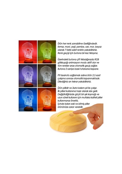 Kuru Kafa Tasarımlı 3D LED Lamba, 3 Boyutlu Kafatası Dijital Artwork Gece Lambası, Kurukafa Gotik Hediye