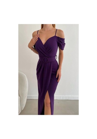 Lior Design Kadın Trend Krep Kumaş V Yaka Yırtmaçlı Abiye Elbise Mor
