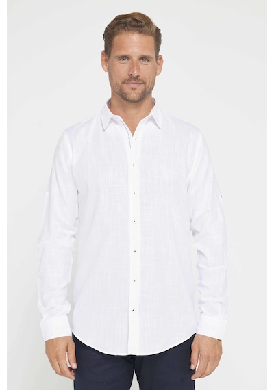 Tudors Erkek Slim Fit Dar Kesim Uzun Kollu %100 Pamuk Keten Doku Apoletli Beyaz Gömlek-26931 Beyaz