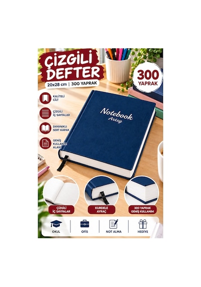 Ciltli Çizgili Defter 300 Yaprak 20x28cm 1 Adet Çok Yapraklı Sert Kapaklı Not Hesap Defteri Okul Ofis Büro Lacivert