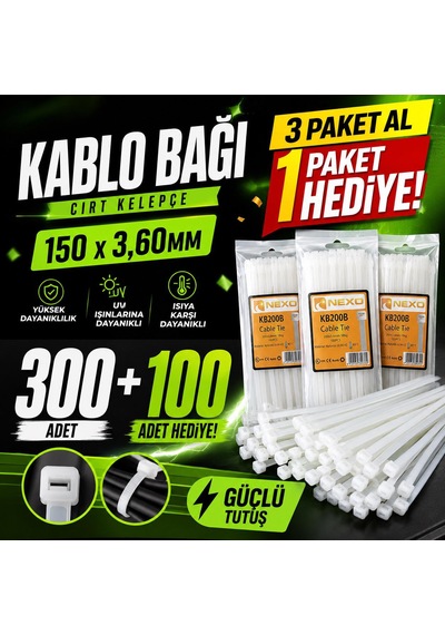 150x3,60mm Kablo Bağı Cırt Kelepçe Beyaz 300 Adet +100 Adet Hediye