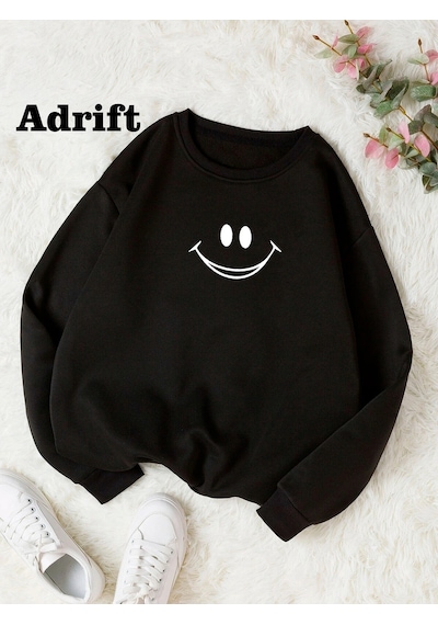 Startmore Adrift Smile Renkli Oversize Bisiklet Yaka Pamuklu Sweatshirt Siyah Siyah