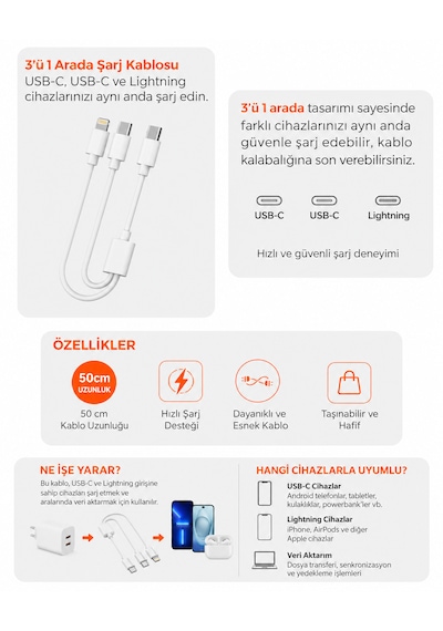 3 Uçlu Hızlı Şarj Kablosu 100w Type-c Lightning Çoklu Şarj Aleti Kablosu 50 Cm Beyaz