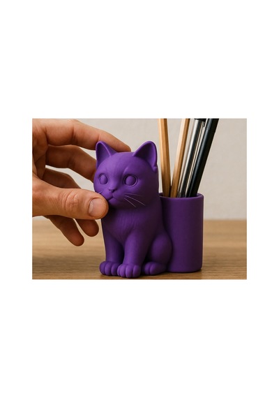 Alvera Kedi Figürlü Kalemlik 3d Baskı Masaüstü Organizer - Mor