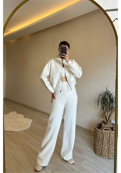 Neşeli Butik Kadın Fermuarlı Oversize Sweat Ve Yüksek Bel Eşofman Takımı Nm018 Ekru