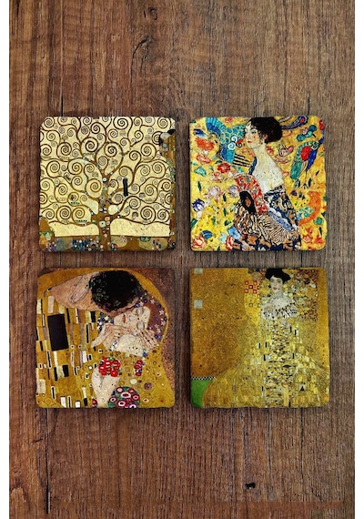 Doğal Taş Bardak Altlığı 4'lü Set 10x10x1 Cm Gustav Klimt Tablo Eserleri-stone Coasters Çok Renkli