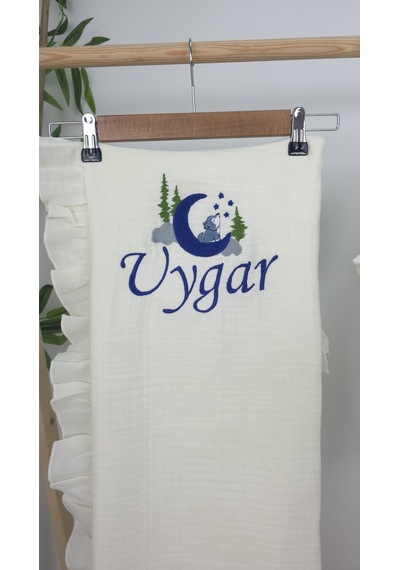Gros Shop Müslin Yeni Doğan 4katlı Organik %100pamuk Kişiye Özgü Nakışlı Hastane Çıkış Seti Kurt Model-2 Ekru