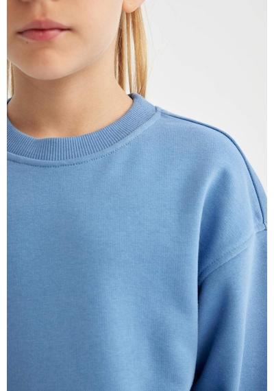 Defacto Kız Çocuk Relax Fit Bisiklet Yaka Pamuklu Basic Düz Okul Sweatshirt A2797A824AUBE756 Mavi