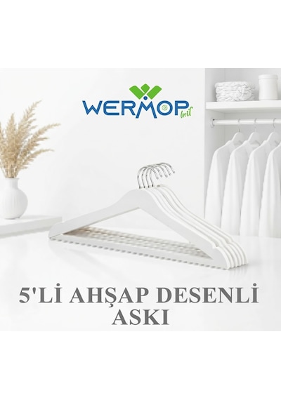 5'li Ahşap Desenli Askı Beyaz