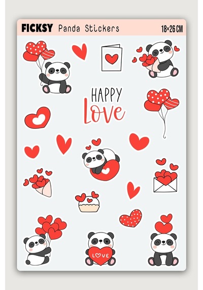 Sevimli Panda Sevgililer Günü Temalı Sticker Seti - 24 Adet Etiket Çıkartma Diğer