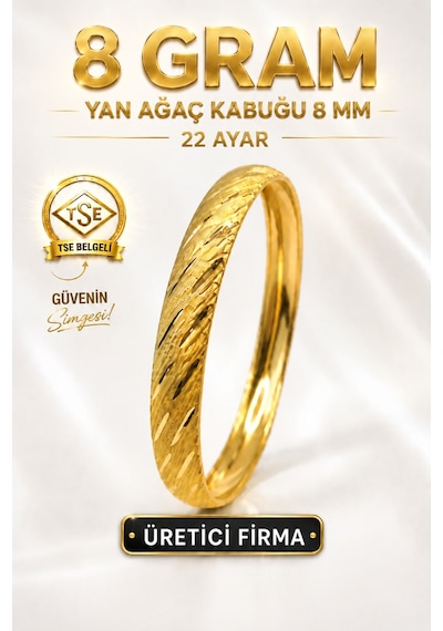 22 Ayar Tse Belgeli 8 Gram Yan Ağaç Kabuğu Ajda Bilezik 8 Mm Gold Altın Bilezik Düğün Nişan