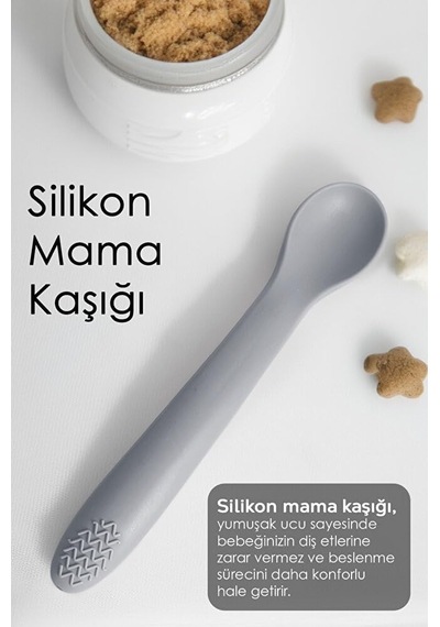 Meleni Baby 5'li Silikon Beslenme Seti - Bebek Mama Önlüğü - Tabak - Vakumlu Kase - Pipetli Bardak - Kaşık-gri Genel