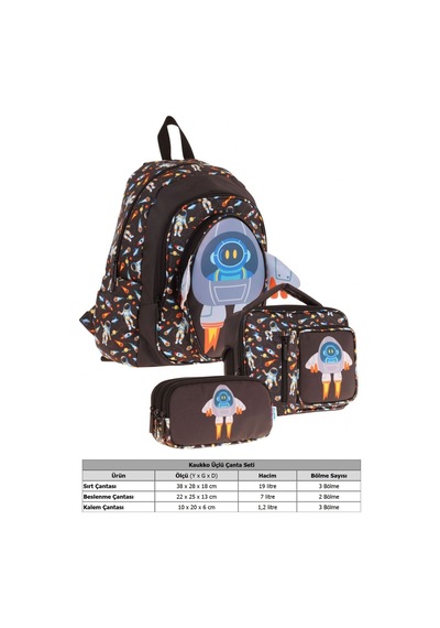 Kaukko Kids Kız Çocuklara Özel Siyah - 3d Roket Detaylı Üçlü Okul Çantası Seti Siyah