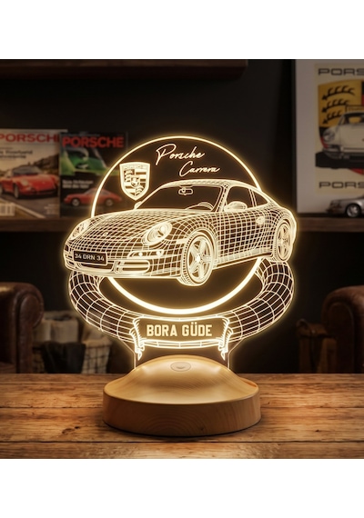Porsche 911 Carrera Kişiye Özel 3d Led Lamba, Porsche Sevene Hediye, Klasik Spor Araba Tutkununa İsimli Masa Lambası