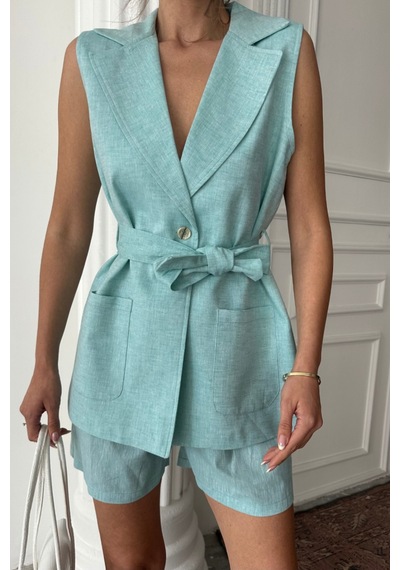 Moderie Butik Keten Yelek - Şort Takım - Mint Mint