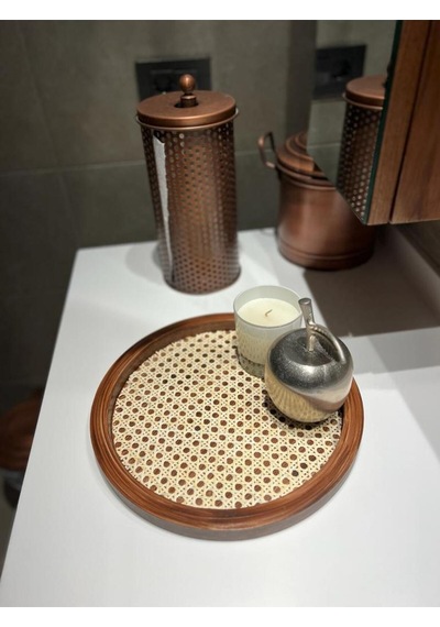 Rattan Hazeran Yuvarlak Tepsi Eskitme %100 Doğal Hazeran