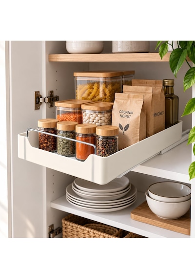Dolap İçi Raylı Organizer Çekmece 34 X 27 X 6,5 Cm, Çekilebilir Plastik Dolap Düzenleyici, Mutfak Banyo Dolap İçi Organizer, Raylı Saklama Sepeti Büyük Çok Renkli