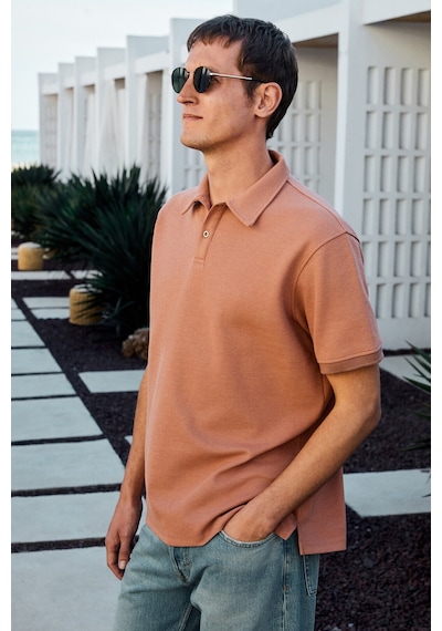 Grimelange Laporte Erkek Dokulu Kumaşlı Slim Fit Kiremit Rengi Polo Yaka T-shirt