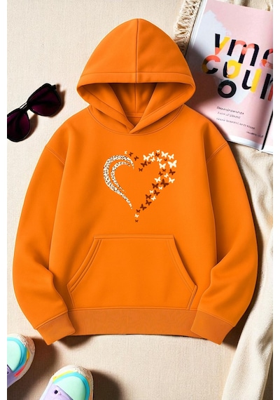 Uyguntarz Unisex Leopar Kalp Desenli Baskılı Oversize Sweatshirt Turuncu