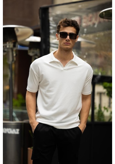 Glasses V Yaka Oversize Fitilli T-shirt - Beyaz Beyaz